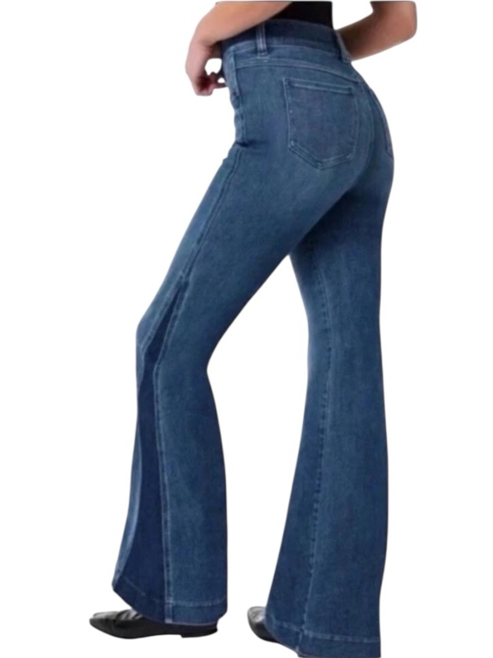 SPANX Flare Pull On Jeans Blue Two Tone Shaping Stretch Denim Size M 33 Inseam